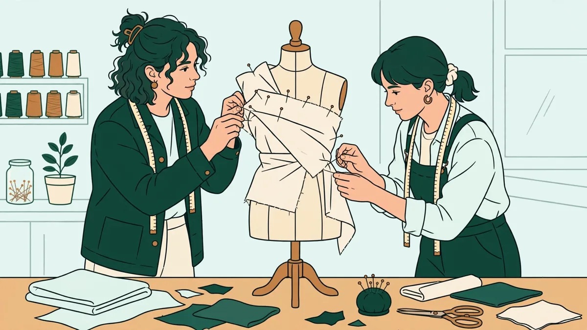 Deux étudiantes en train de draper une toile en coton sur un mannequin de couture dans un atelier, épingles et mètre ruban en main.
