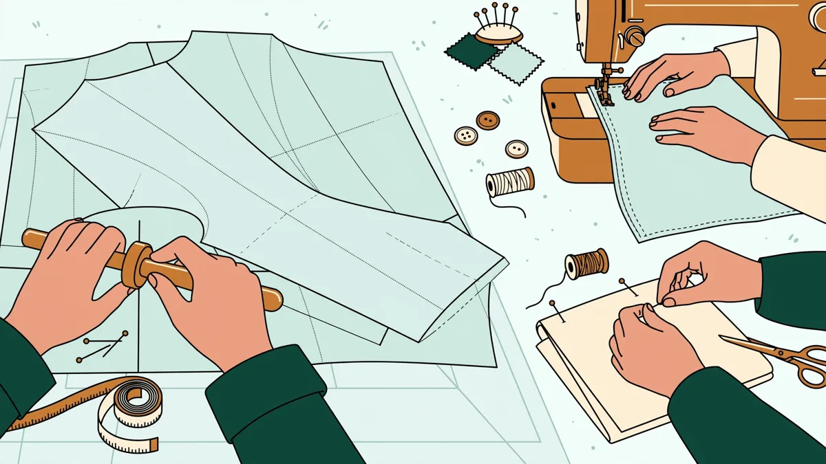 Une étudiante traçant un patron en papier sur une grande table d'atelier, entourée de deux autres élèves qui assemblent un prototype.