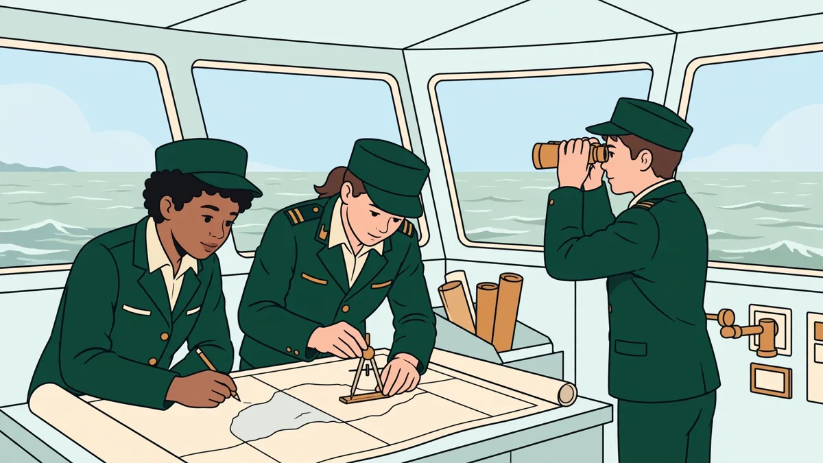 Trois jeunes élèves officiers en action à la passerelle d'un navire en mer, l'un aux jumelles, l'autre pointant une carte marine.