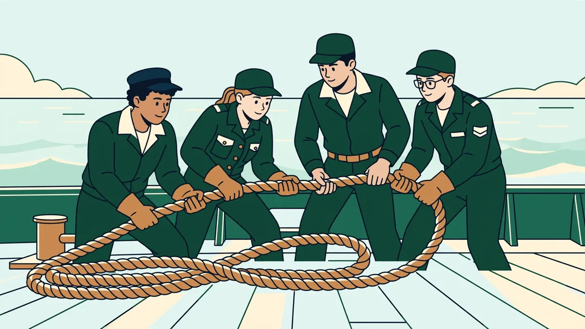 Quatre élèves officiers en action sur le pont d'un navire, tirant ensemble une aussière pendant une manœuvre.