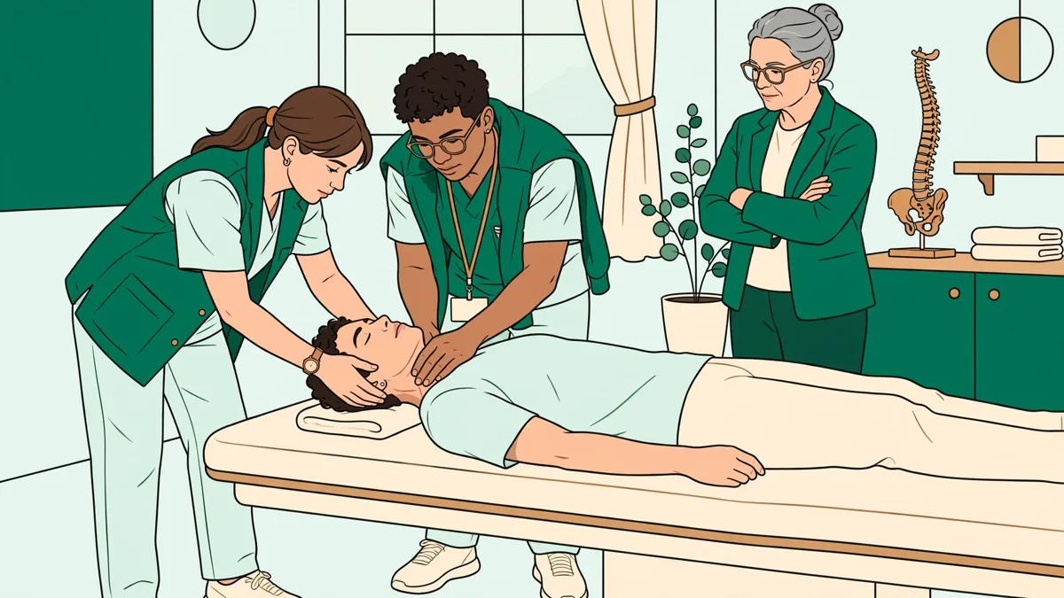 Deux étudiantes en tenue de TP, l'une allongée sur une table de manipulation, l'autre en train de palper ses cervicales sous le regard d'un encadrant