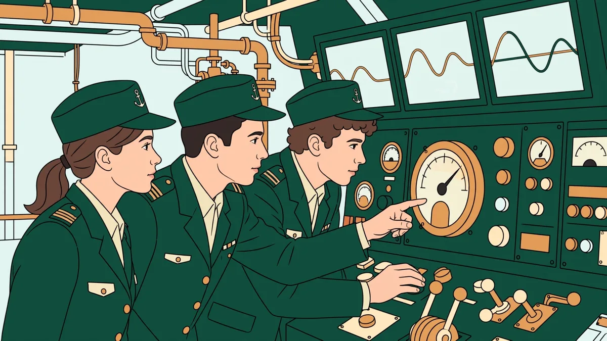 Trois élèves officiers en quart dans une salle de contrôle machine, devant des écrans et des manettes, l'un pointant un cadran.