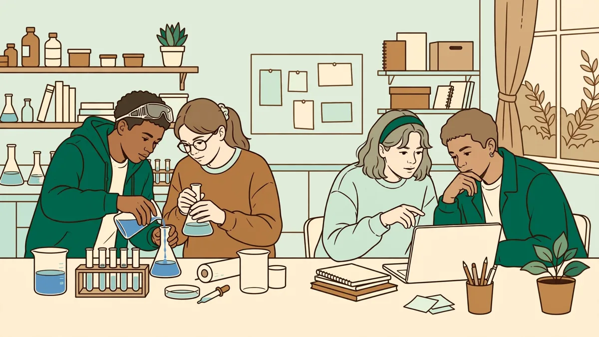 Binôme d'étudiants qui manipule une expérience simple en laboratoire et un autre binôme qui prépare une présentation sur ordinateur