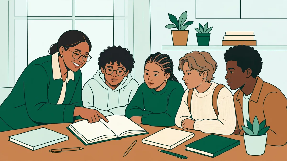 Petit groupe d'étudiants autour d'une table avec une enseignante qui annote un planning de travail et des copies