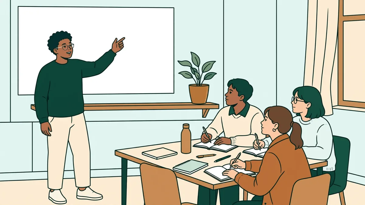 Une étudiante qui présente des résultats chiffrés devant un petit groupe de camarades attentifs dans une salle de cours.