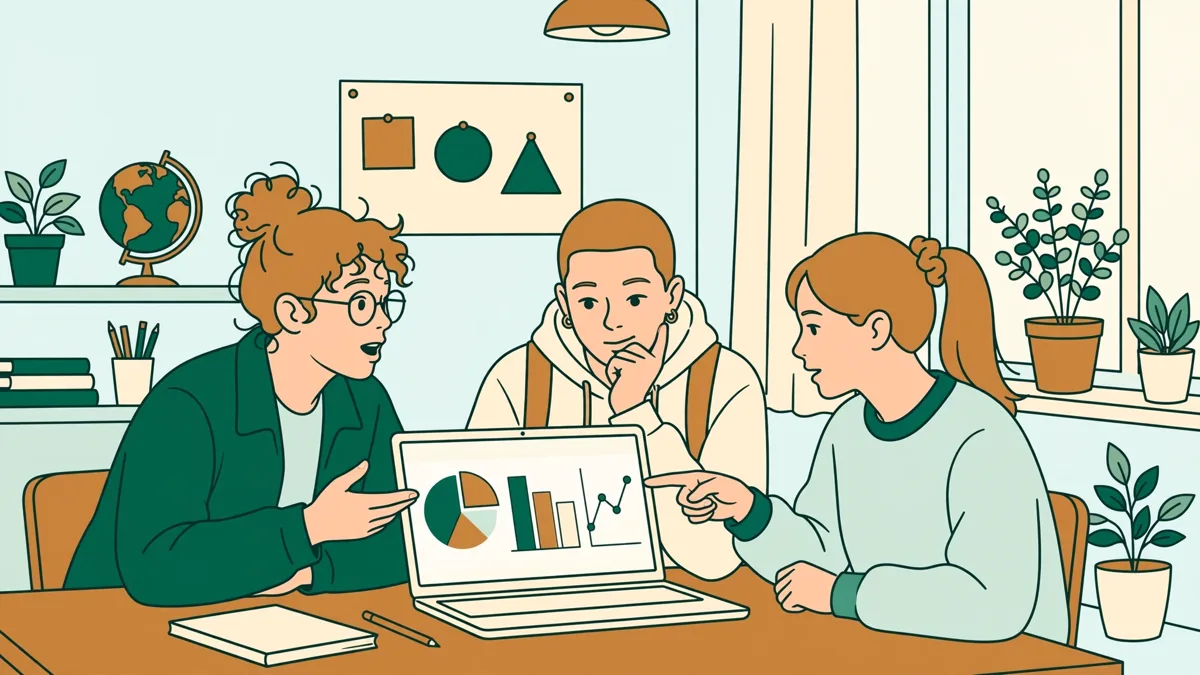 Trois étudiants autour d'un ordinateur portable qui analysent ensemble un tableau de bord avec des graphiques colorés.