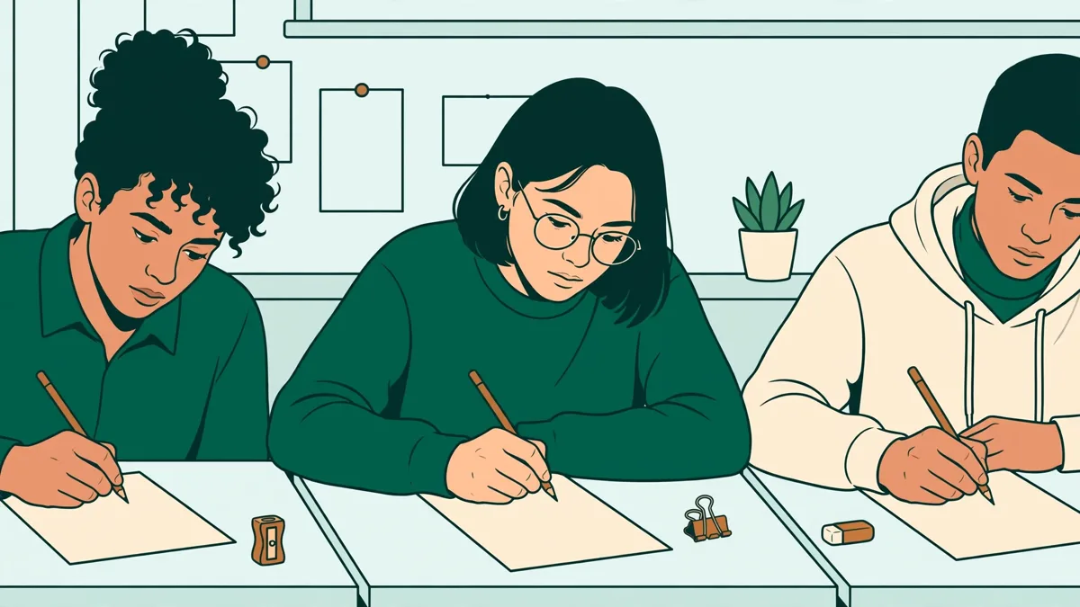 Des étudiants qui rédigent un devoir sur table en temps limité dans une petite salle de cours, copies et stylos visibles.
