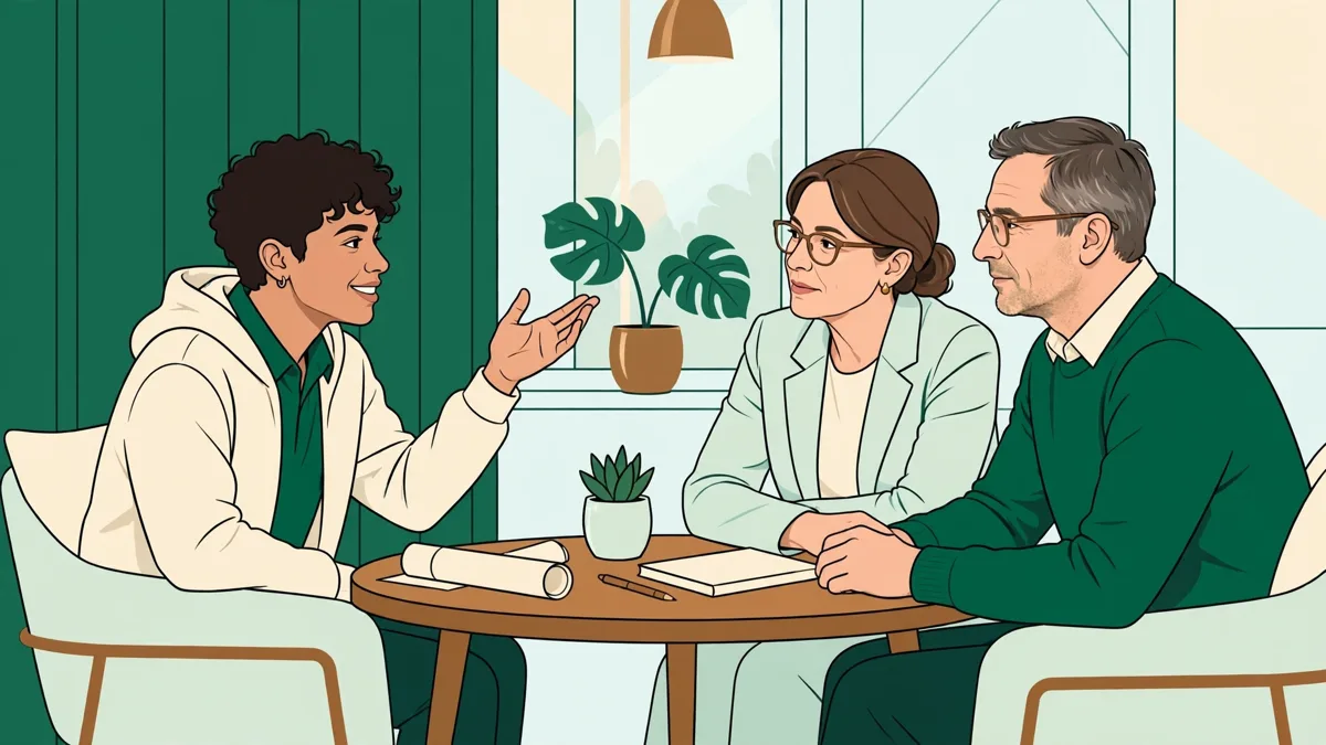 Une candidate qui explique son projet informatique face à deux enseignants autour d'une petite table