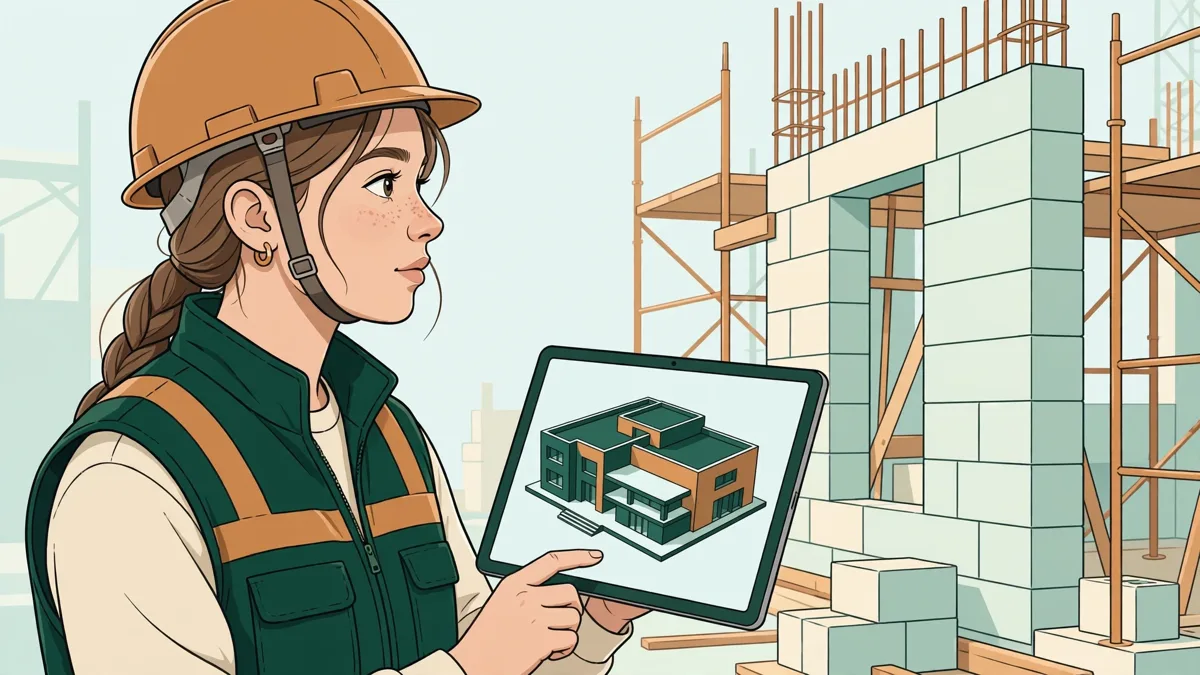 Une apprentie en gilet de chantier tient une tablette qui affiche un plan 3D et compare avec un mur en construction devant elle.