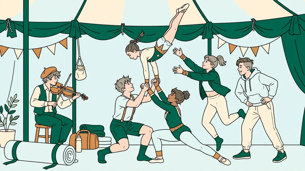 Illustration dessinée : cinq jeunes artistes de cirque répètent une scène collective avec portés acrobatiques et musicien au sol dans un chapiteau de répétition.