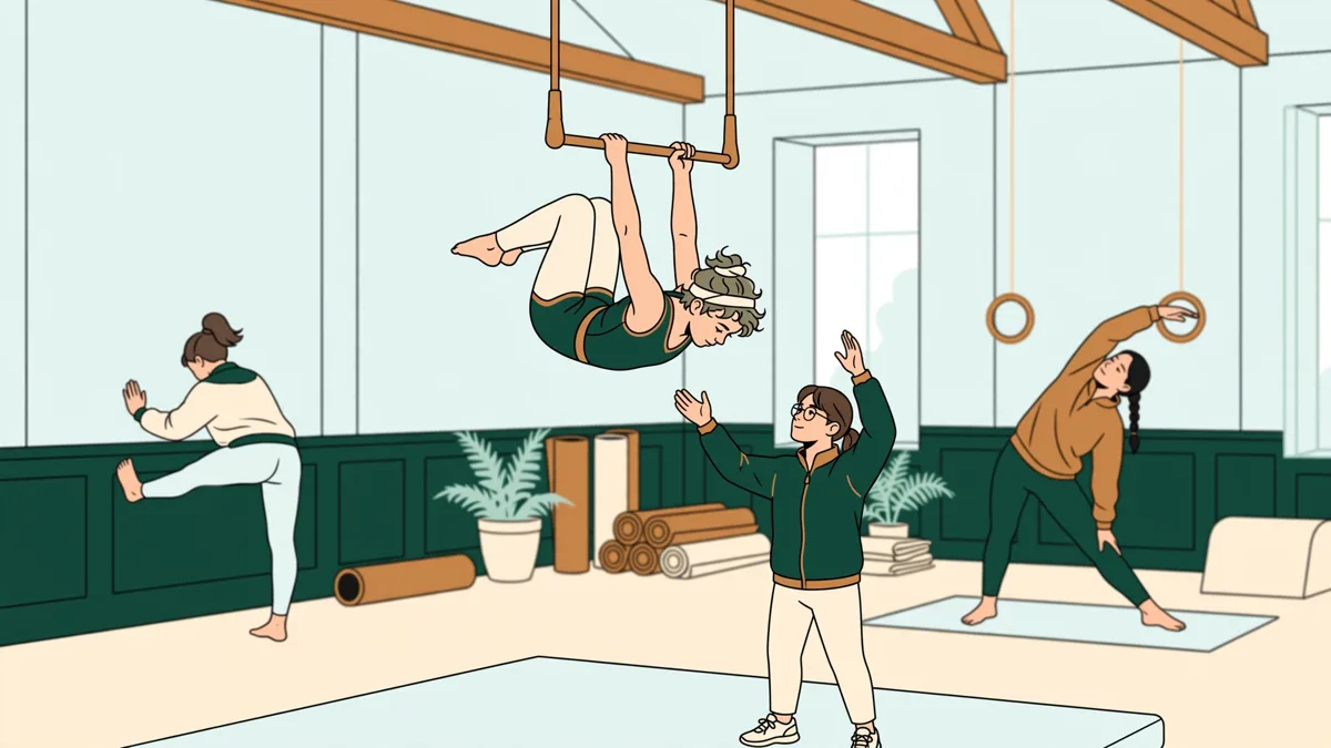 Illustration dessinée : une étudiante suspendue à un trapèze travaille sa figure pendant qu'une enseignante la pare au sol dans une salle de cirque lumineuse.
