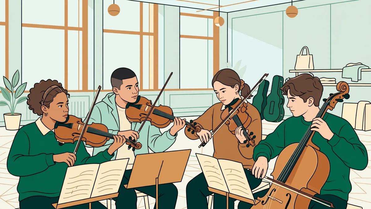 Quatre jeunes musiciens en train de répéter en quatuor à cordes dans une salle lumineuse, archets levés, autour de pupitres.