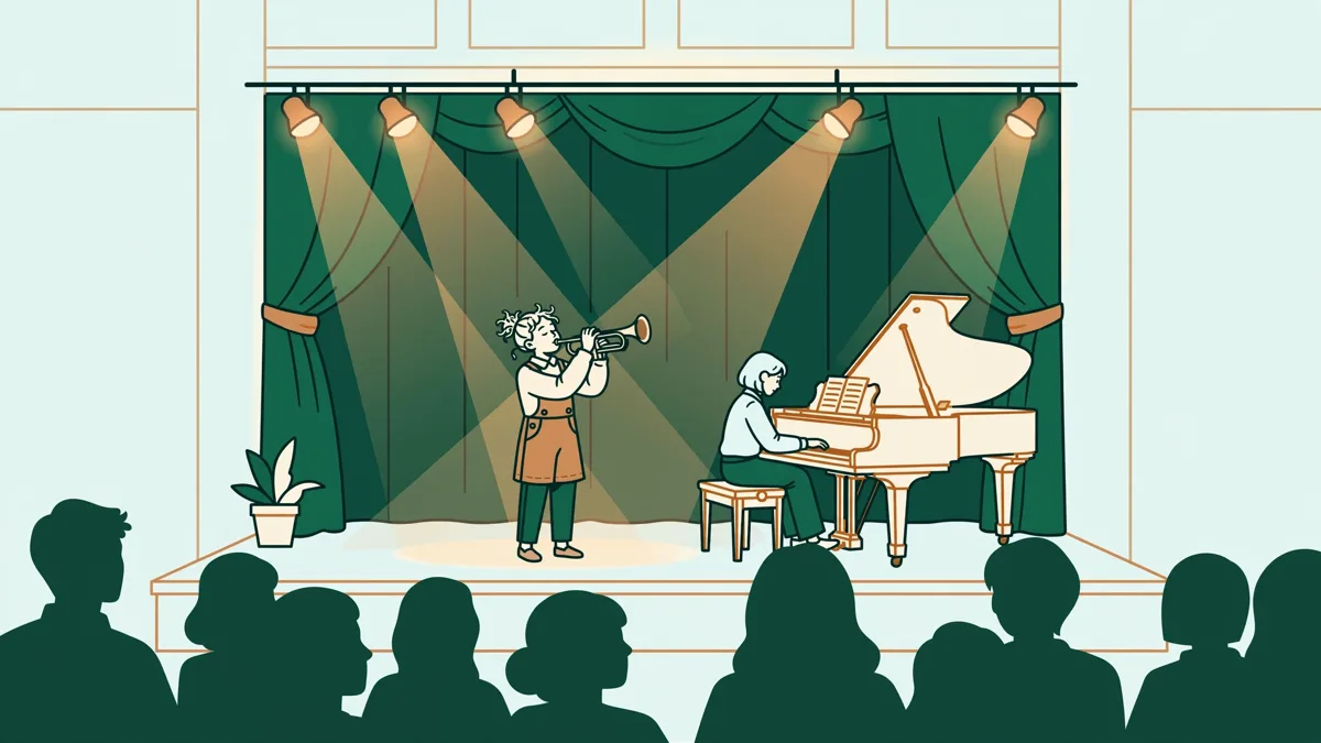 Une jeune trompettiste debout sur une petite scène avec un pianiste, devant des silhouettes de public dans une lumière chaude.