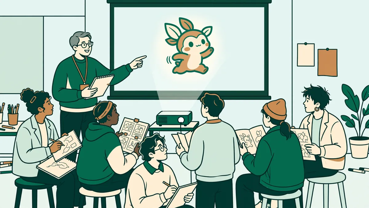 Six étudiants et une enseignante qui commentent un court-métrage d'animation projeté, carnets et story-boards en main.