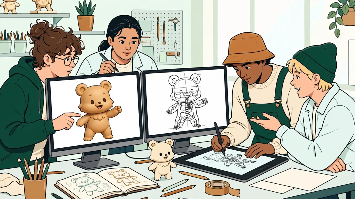 Quatre étudiants autour d'écrans qui modélisent un personnage 3D et règlent son squelette d'animation dans un atelier lumineux.