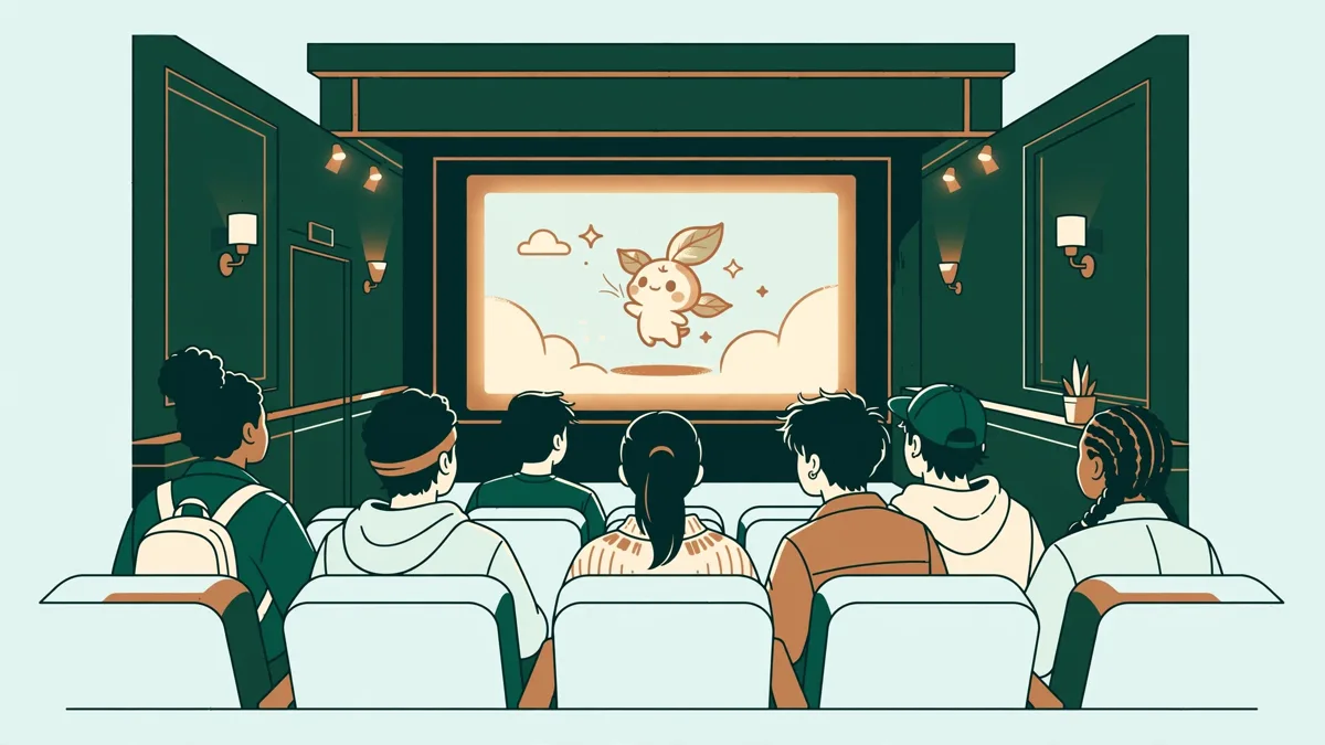 Des étudiants en cinéma d'animation assis dans une salle obscure devant un écran, présentant leur court métrage au public