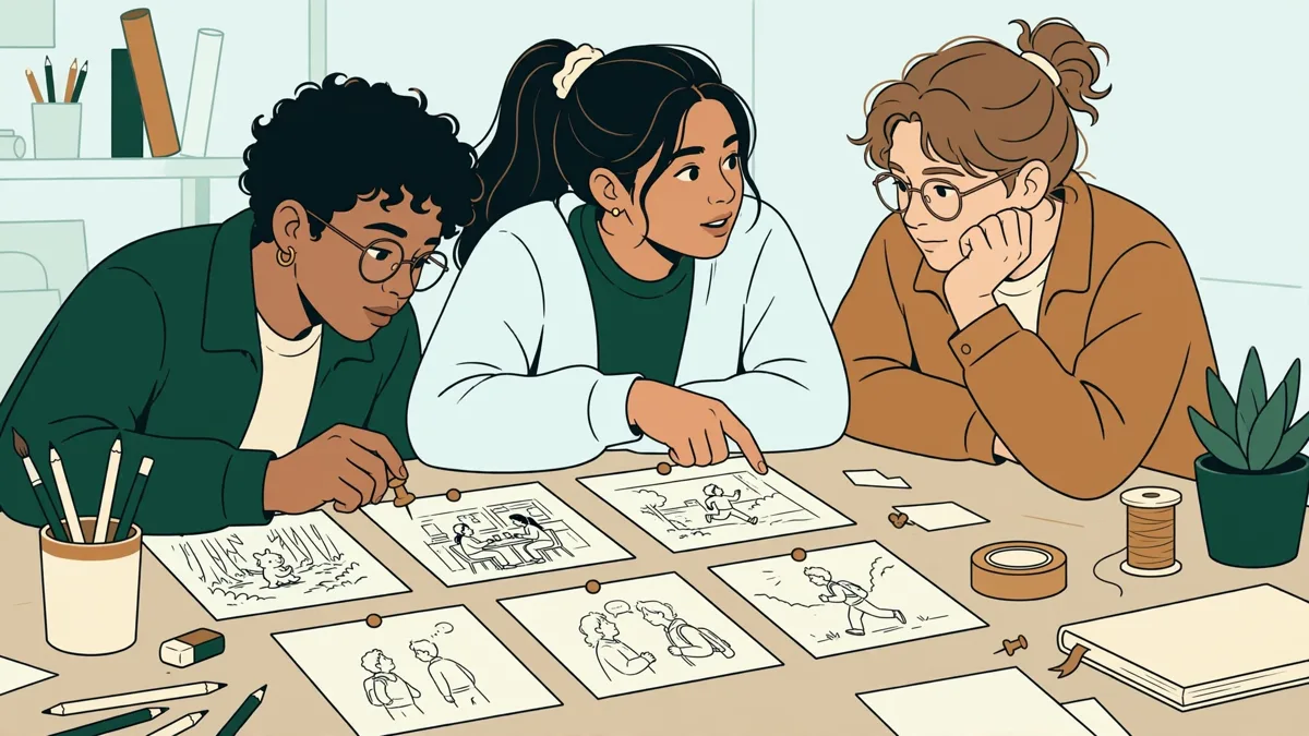 Trois étudiants penchés sur une grande table d'atelier, en train de punaiser des dessins de storyboard et de discuter d'une scène