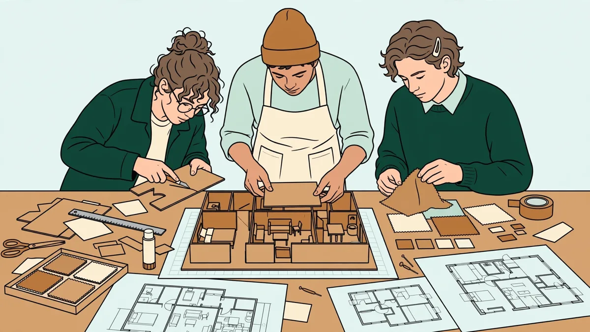 Trois étudiantes en design d'espace autour d'une grande table d'atelier en train de coller les parois d'une maquette d'appartement, plans et échantillons de matières étalés à côté.