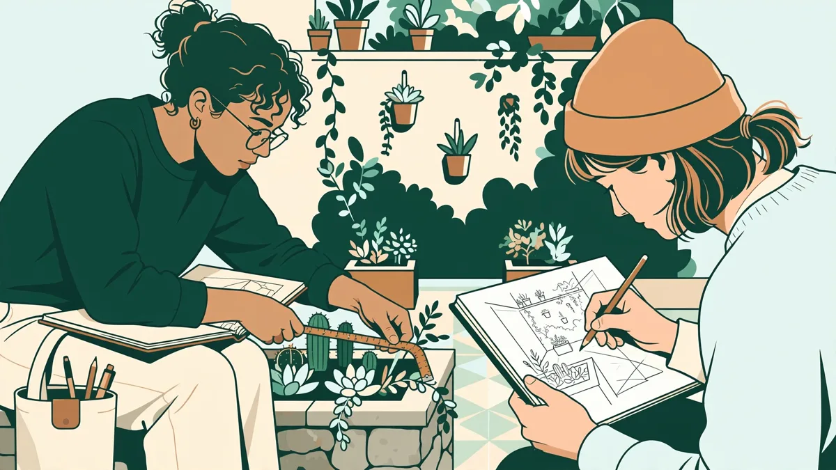 Deux étudiants en design assis sur un muret qui dessinent au carnet une petite cour plantée, l'un mesure un bac de plantes pendant que l'autre esquisse.