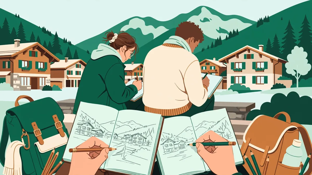 Étudiants en design d'espace dessinant sur le vif un site de montagne avec carnets de croquis