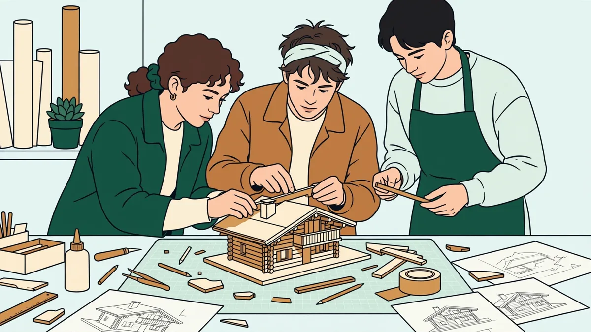 Maquette d'un refuge de montagne réalisée en atelier par des étudiants en design d'espace