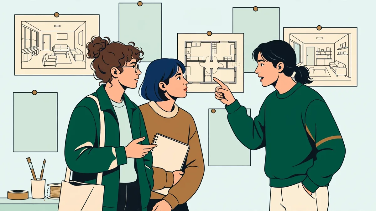 Trois étudiants devant un mur d'atelier couvert de croquis d'intérieur, l'un montrant un plan pendant que les autres discutent