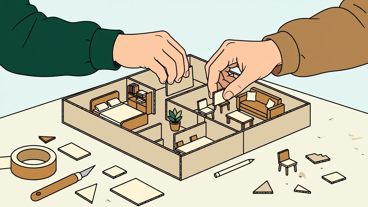 Deux étudiantes en train de monter une maquette en carton d'un intérieur, les mains qui placent des cloisons miniatures sur une table d'atelier
