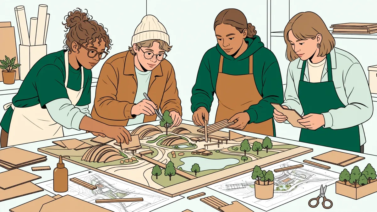 Quatre étudiants autour d'une grande table d'atelier en train d'assembler la maquette d'un aménagement paysager avec plan, carton et petites plantations.