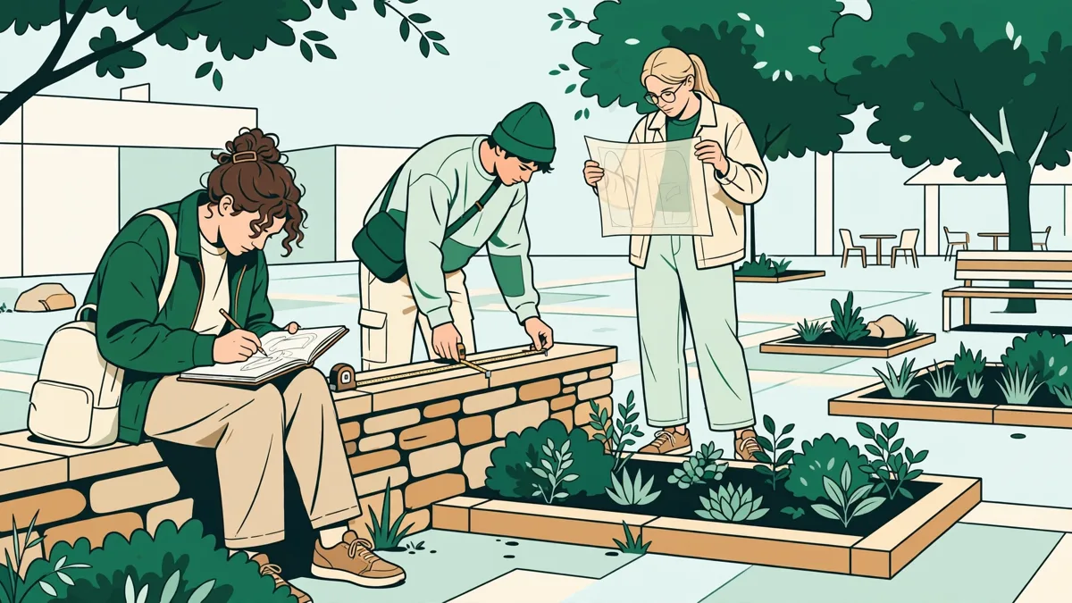 Trois étudiants en design de paysage en train de relever une petite place : l'une dessine au carnet, un autre mesure un muret au mètre ruban, le troisième tient un calque face aux plantations.