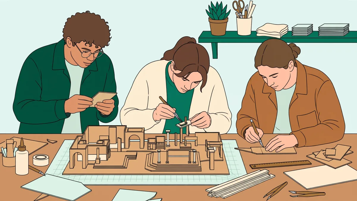 Trois étudiants autour d'une grande table d'atelier en train d'assembler la maquette en carton et bois d'un stand d'exposition