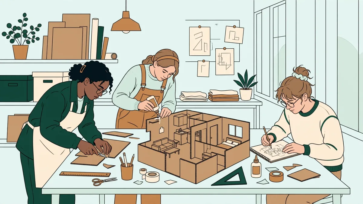 Autour d'une grande table d'atelier, des étudiants assemblent ensemble la maquette d'un petit logement.