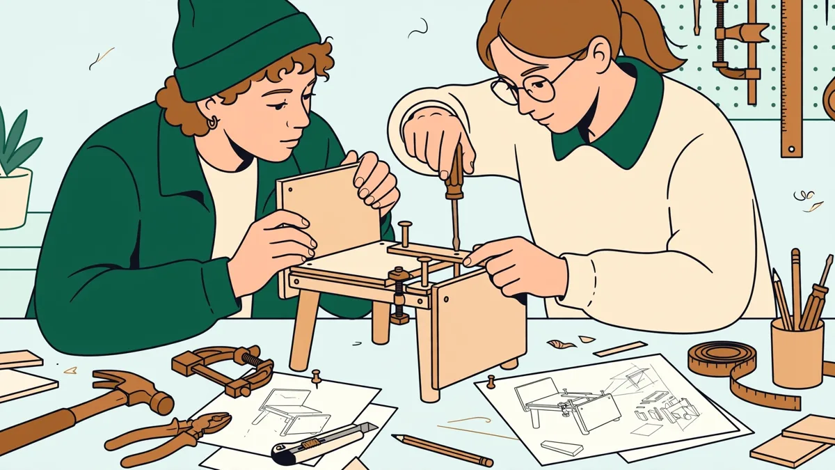 Deux étudiantes assemblent un petit prototype de meuble en bois pendant que l'une dessine.