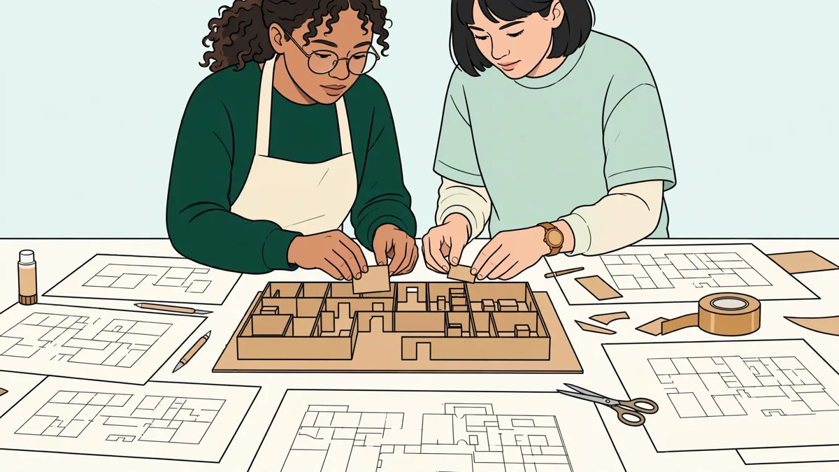Deux étudiantes en train de construire ensemble la maquette en carton d'un petit parcours d'exposition, plans et croquis étalés sur une grande table d'atelier.