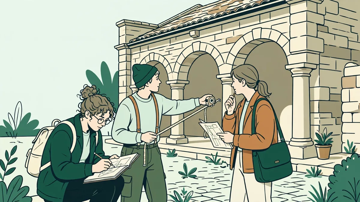 Trois étudiants en extérieur devant une vieille halle en pierre, l'un dessine le bâtiment au carnet pendant qu'une autre prend des mesures au mètre ruban.