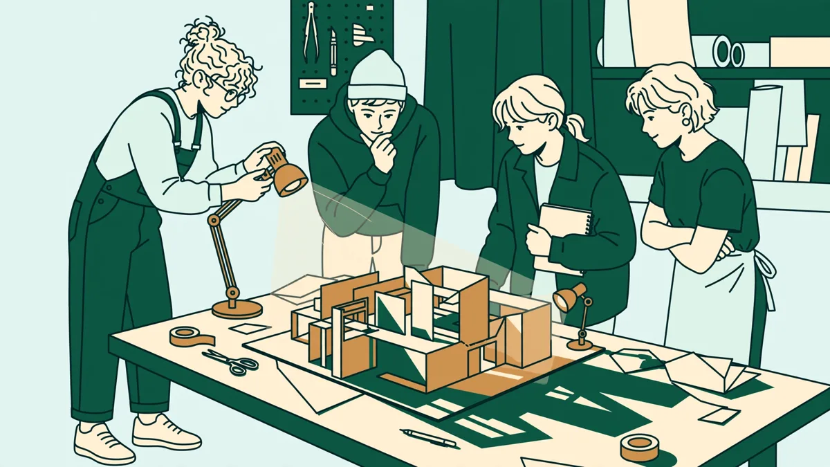Des étudiants dans un atelier assombri testent des petits projecteurs sur une maquette d'espace en carton et observent les ombres.
