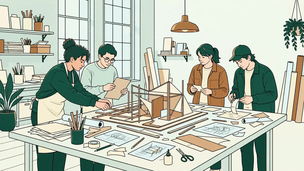 Des étudiants en design autour d'une grande table d'atelier construisent une maquette d'espace, entourés de croquis et de plans.