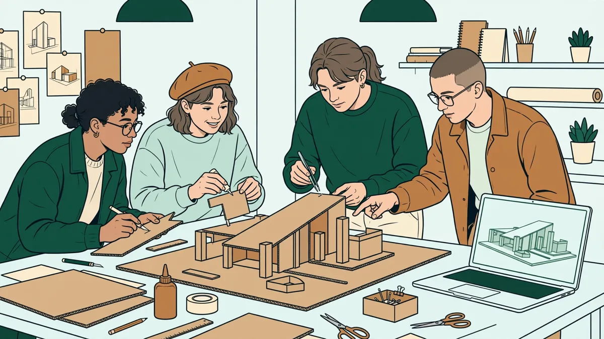 Quatre étudiants autour d'une grande table d'atelier assemblent une maquette en carton d'un petit bâtiment pendant qu'une maquette 3D s'affiche à côté.