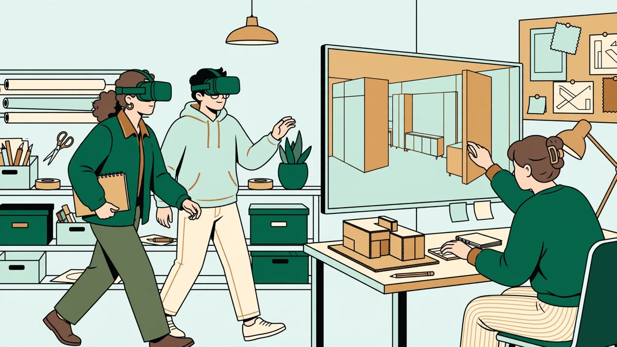 Deux étudiantes en design testent au casque la visite virtuelle d'une salle qu'elles ont modélisée, pendant qu'un étudiant ajuste le modèle sur un écran.