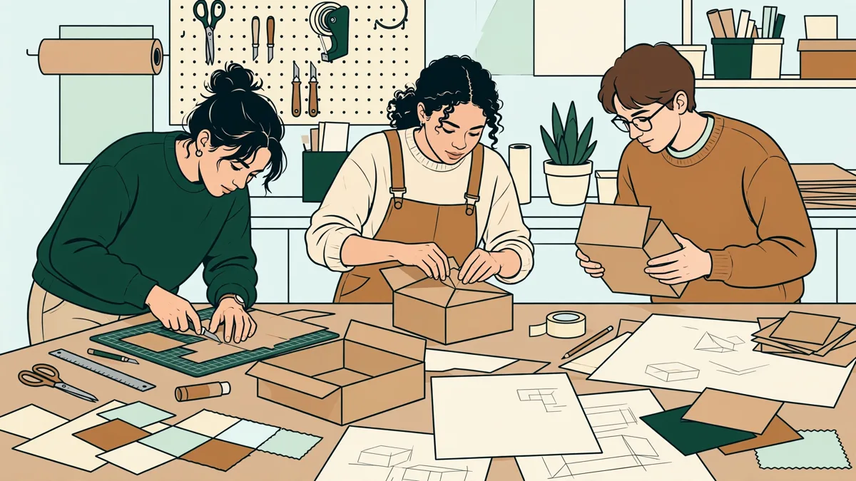 Trois étudiants en atelier autour d'une table, en train de découper et d'assembler des maquettes d'emballages en carton, avec croquis et échantillons de matériaux.