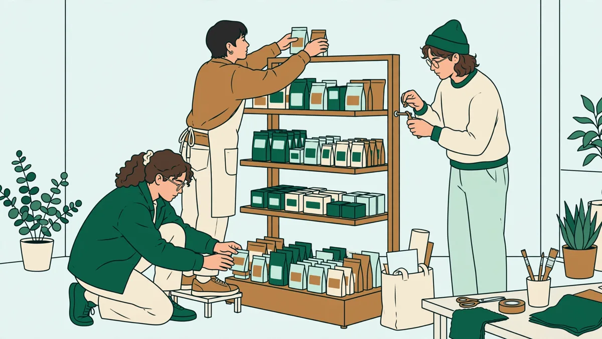 Deux étudiantes installant un petit présentoir de magasin avec des emballages colorés, pendant qu'un étudiant prend des notes et ajuste un élément.