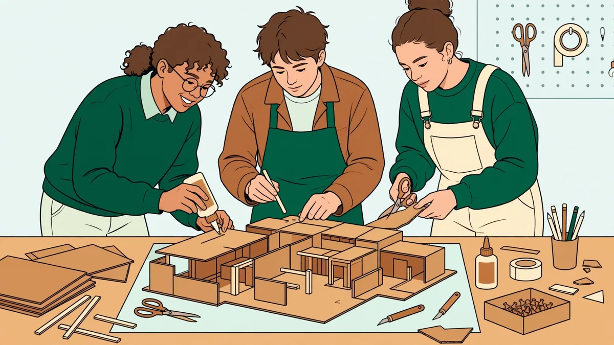 Trois étudiants autour d'une grande table d'atelier en train d'assembler une maquette d'aménagement en carton et bois, plans et outils à côté.