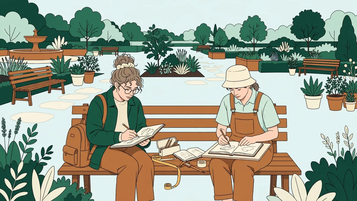 Deux étudiantes en train de dessiner au carnet un espace public avec bancs et plantations, mètre et plan sous le bras.