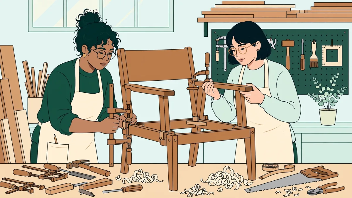 Deux étudiantes en atelier bois qui assemblent une structure de fauteuil en bois clair, copeaux au sol et outils à la main