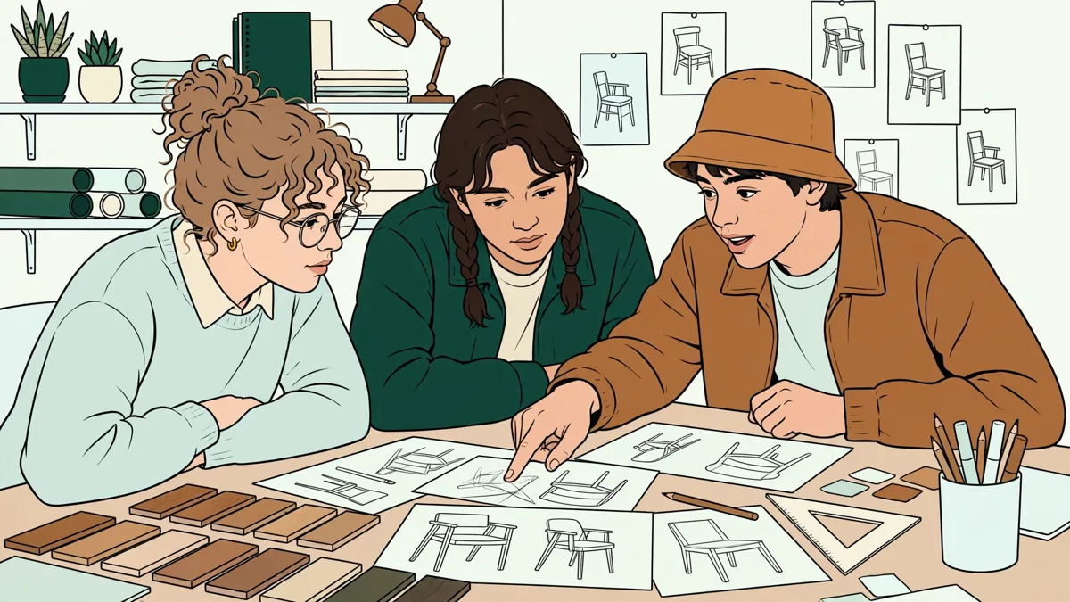 Trois étudiants autour d'une table qui comparent croquis de chaises et échantillons de bois avant de fabriquer