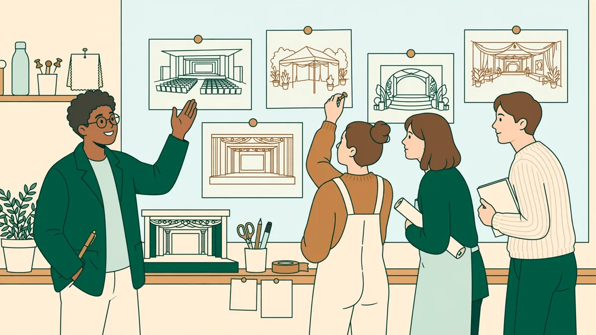 Quatre étudiants debout devant un mur d'atelier couvert de croquis de scénographie, l'une présente son projet pendant que les autres écoutent.