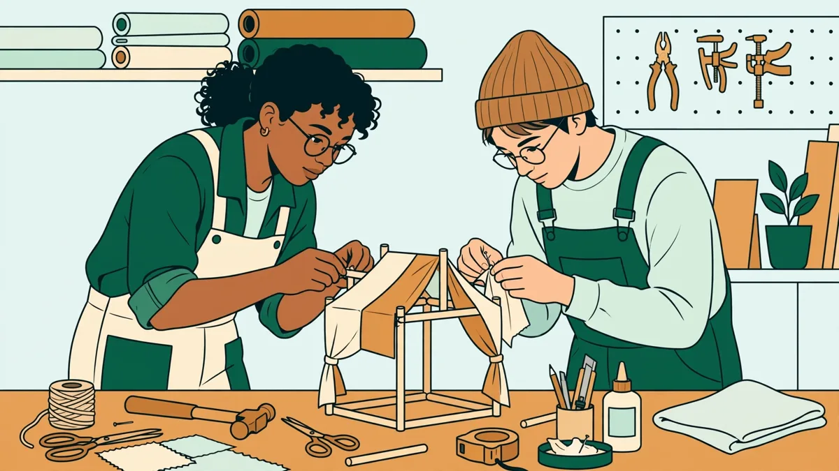 Deux étudiantes en atelier ajustant une structure légère en bois et tissu pour une scénographie