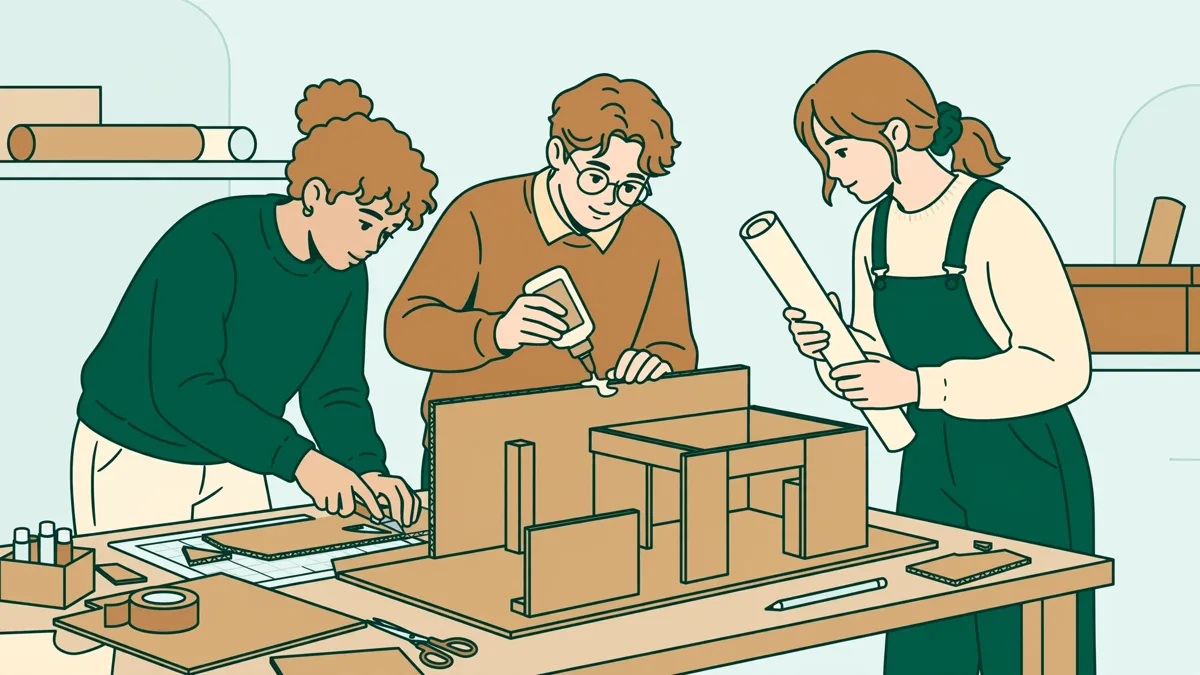 Trois étudiants autour d'une grande table d'atelier assemblant la maquette en carton d'un stand d'exposition