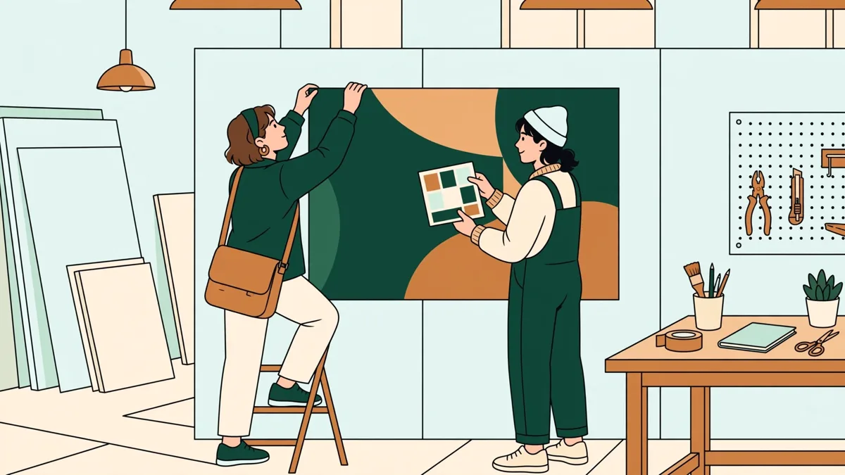 Deux étudiantes en train d'accrocher de grands panneaux d'exposition imprimés sur un mur temporaire en atelier, l'une tenant un tirage couleur pour comparer.