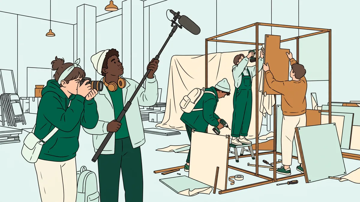 Deux étudiantes qui filment et prennent le son pendant le montage d'un décor événementiel