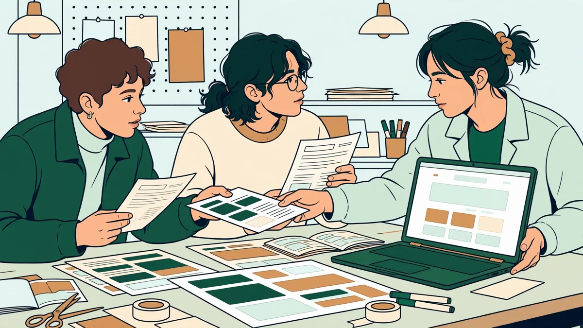 Trois étudiants en design graphique comparent des épreuves imprimées et une maquette web autour d'une grande table d'atelier.